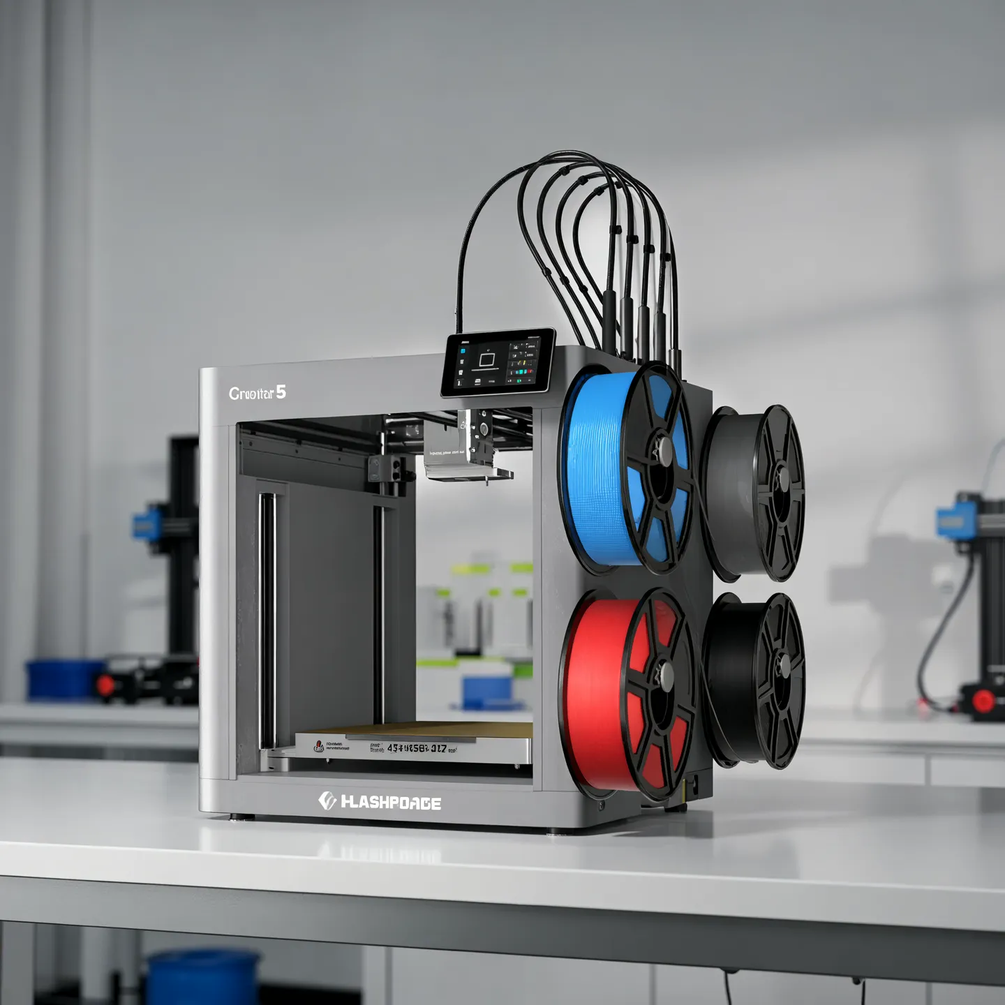 La Flashforge Creator 5 de MARBE3D, con sus cuatro bobinas de filamento